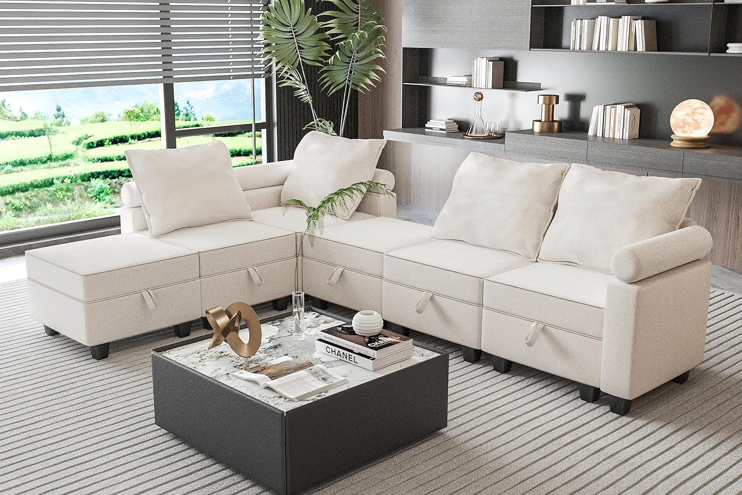 Kingfun Modular Sectional Sofa, Convertible U-Shaped Couch with Storage Seat and Adjustable Armrest, Reversible Chaises and Ottoman, Oversized Sleeper Sofa for Living Room, Beige