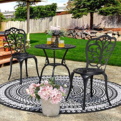 NUU GARDEN Bistro Set 3 Piece Outdoor All Weather Cast Aluminum Patio Bistro Set Patio Table and Chairs Set of 2 with Umbrella Hole for Backyard, Balcony, Front Porch, Lawn, Black