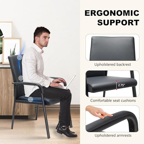 Office Guest Reception Chair 600 lbs Capacity Leather Conference Room Chairs with Padded Armrests No Wheels Desk Chair Black