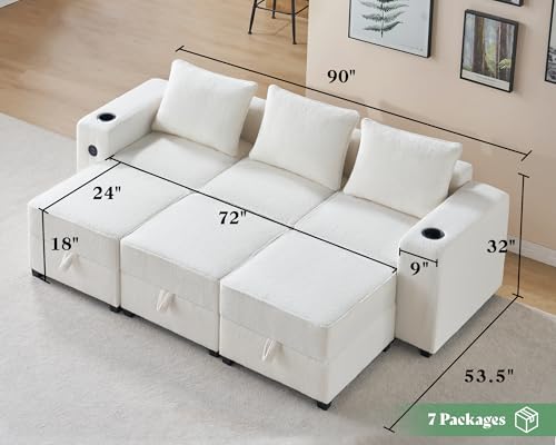 AMERLIFE 90 Inch Sectional Sofa, 6 Seats Modular Sectional Sofa with Storage, Sleeper Couch with 2 USB Ports & Cup Holders, Ottomans, Sectional Couch for Living Room- Gray Sofa Couch