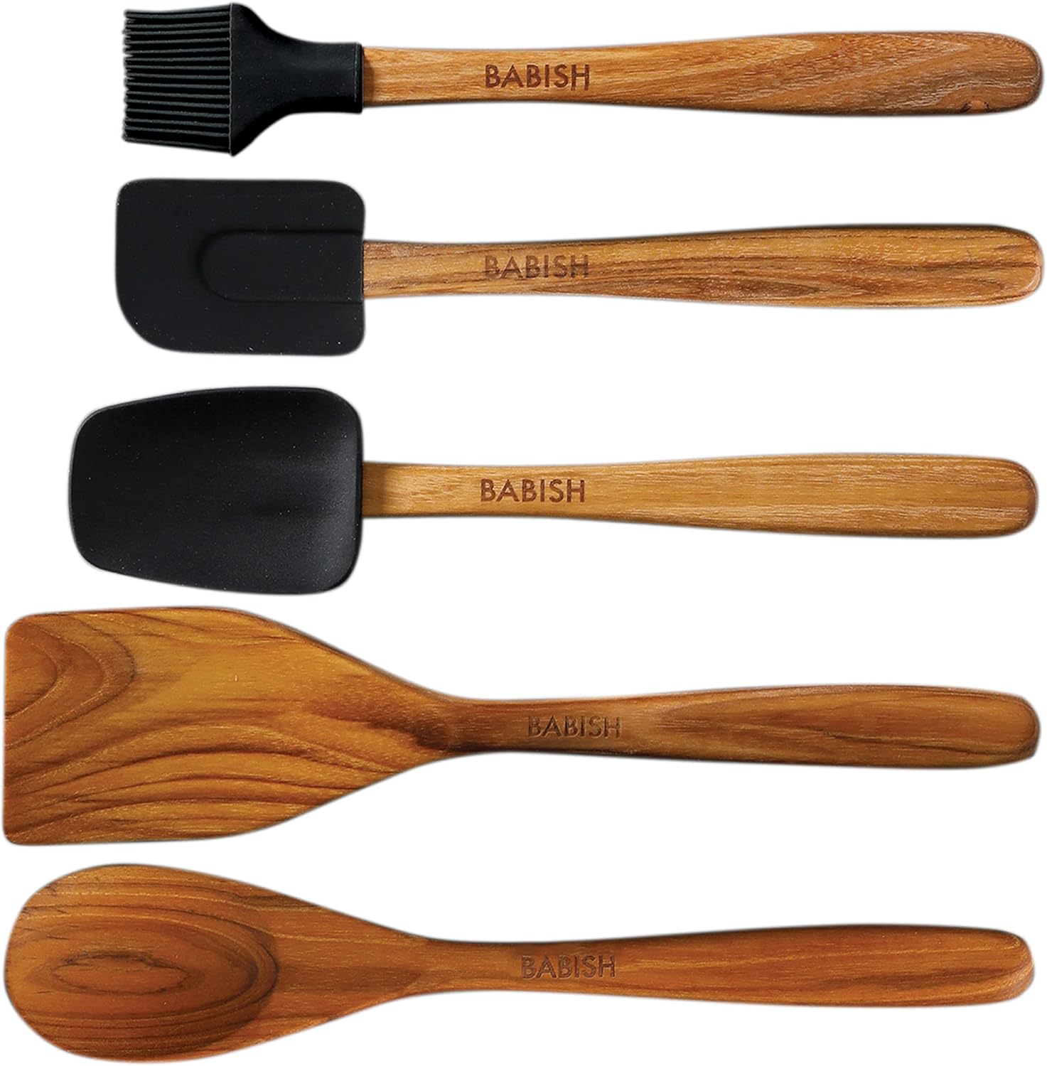 Babish 11 Piece Essential Teak Wood, Silicone, and Stainless Steel Tool Set