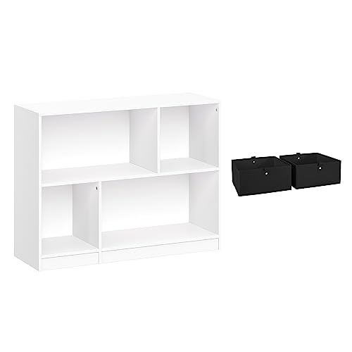 RiverRidge Kids Horizontal Bookcase with Cubbies and 2pc, White_Taupe, White with 2 Taupe Bins