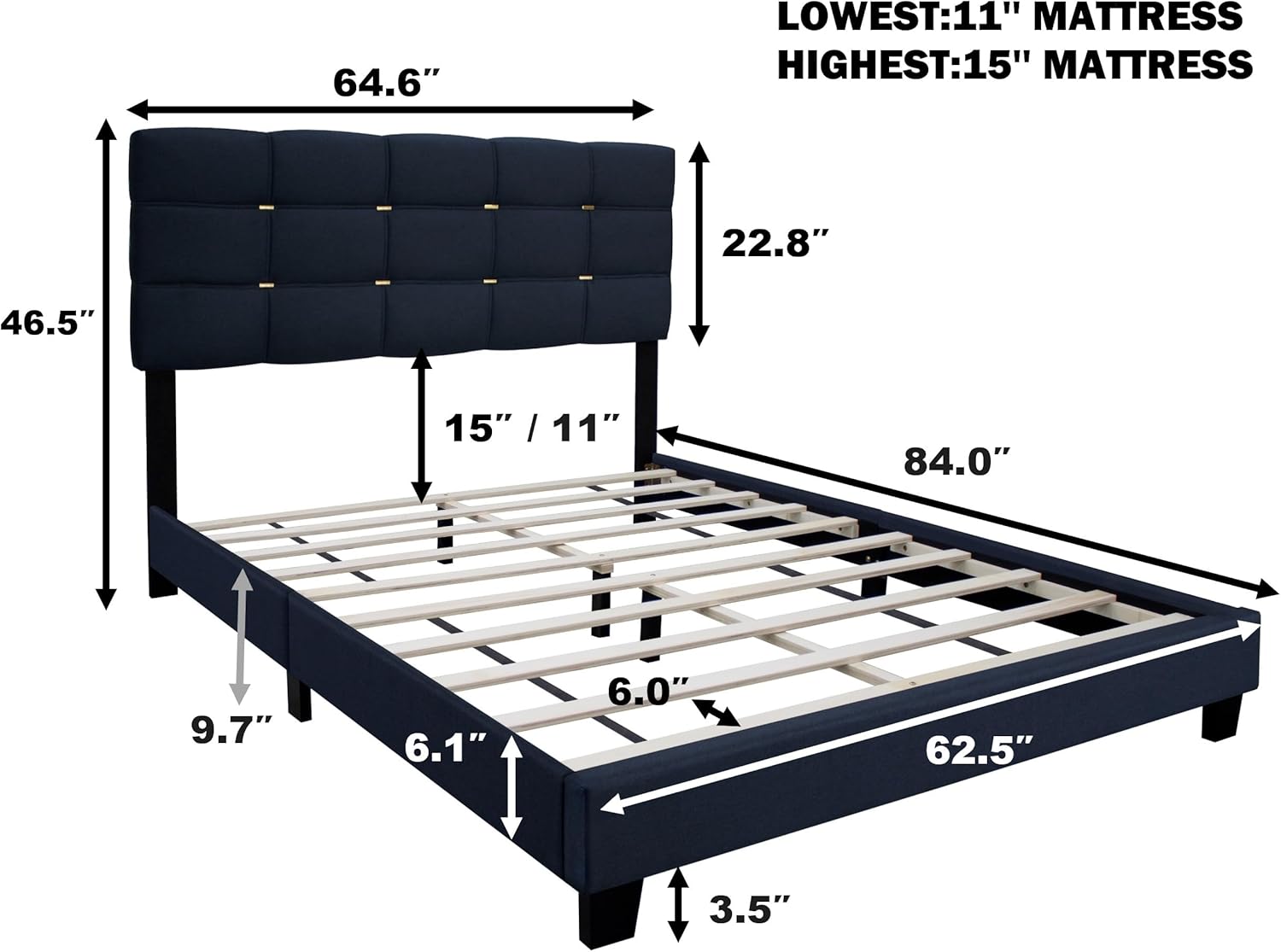 Queen Upholstered Bed with Adjustable Headboard, Gold Accents On The Headboard, Elegant Platform Bed Wood Frame, No Box Spring Needed, Linen, Black