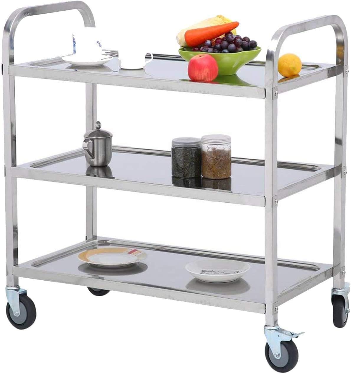 uyoyous 3 Shelf Stainless Steel Cart Heavy Duty Industrial Serving cart with 360°Rotation Wheels Kitchen Island Stainless Steel Storage Trolley for Hotel Restaurant Home Use