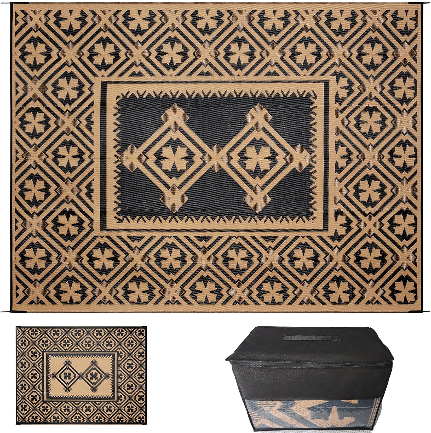 Outdoor Rugs 9x12 for Patios Clearance Brown Outdoor Plastic Straw Rug Black and Brown Outdoor Rug Waterproof Reversible Outside Mat with Durable Edges Double Woven Patio Rug,Porch Rug,Rv Camping Rug…