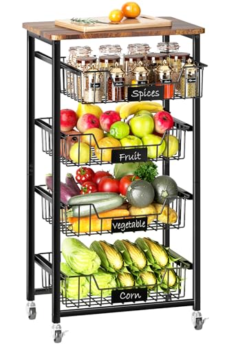 4-Tier Vegetable Fruit Basket Kitchen Storage Rolling Cart on Wheels with Pull-Out Baskets and Wood Top for Kitchen Diningroom Pantry