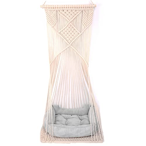 Cat Bed Cat Hammock Macrame Cat Swing Bed Cat Cage Cotton Rope Hanging Cat House Cats Toy Tassel Basket Tapestry (white)