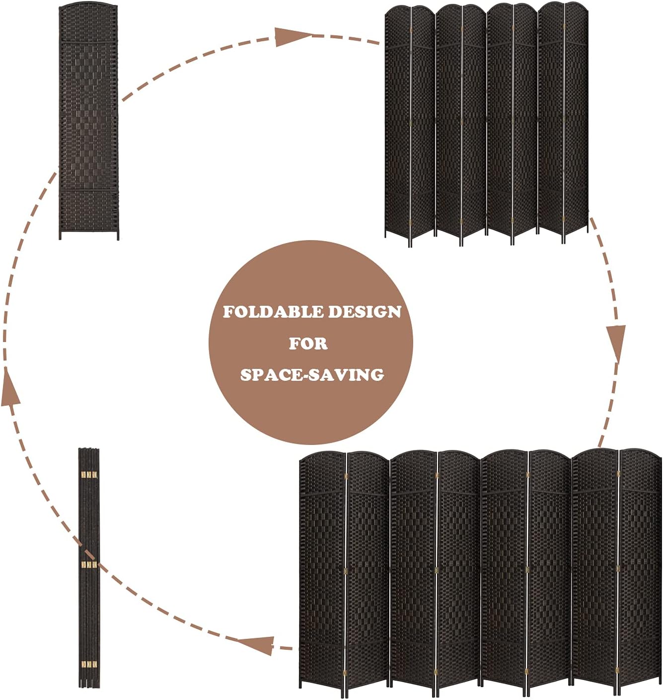 Excited Wrok Room dividers 6 ft. Tall Folding Privacy Screen Tall Extra Wide Partition Foldable Panel Wall Divider (Coffee, 8-Panel)