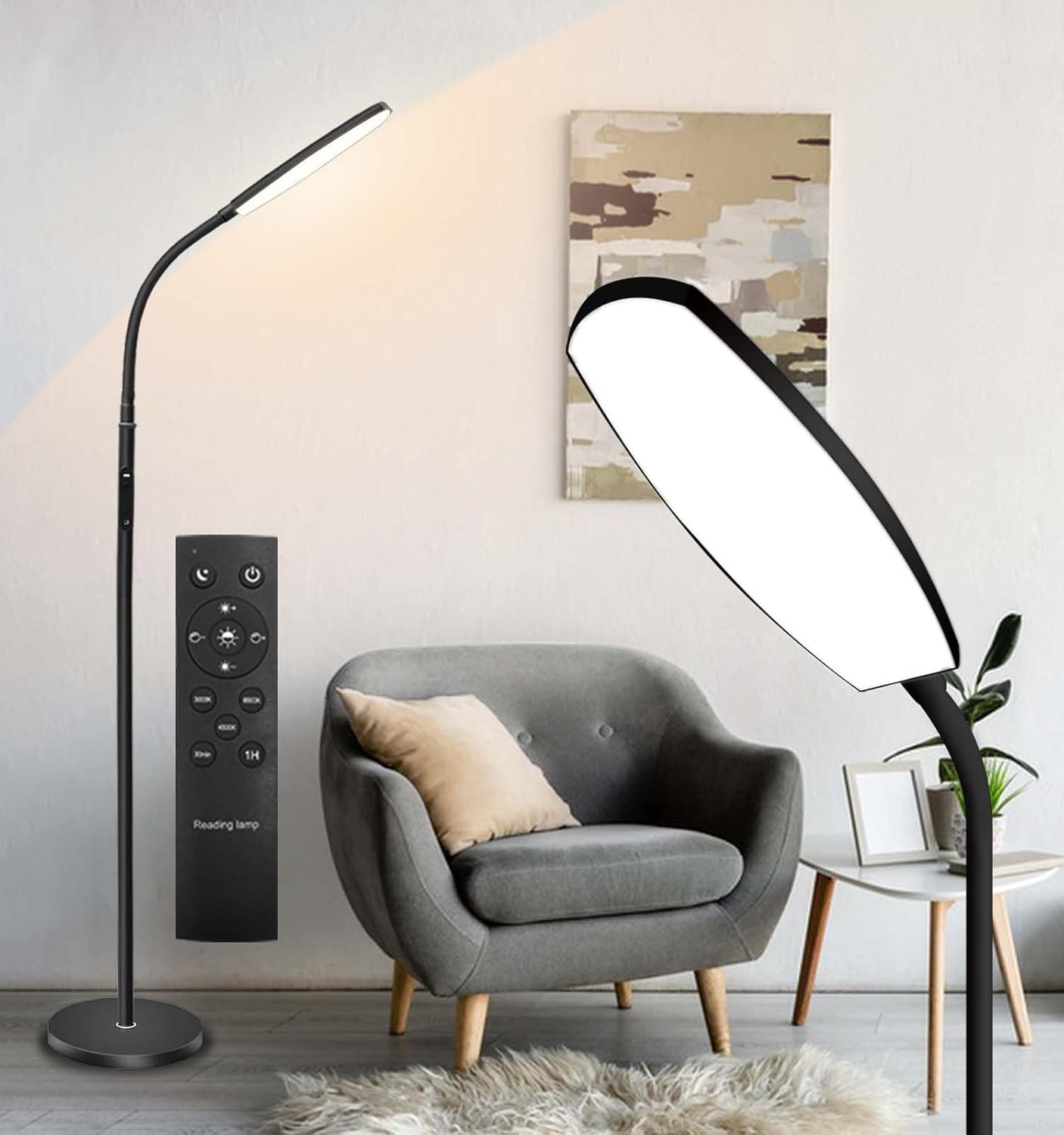 LED Floor Lamp for Living Room, Reading Light, Remote & Touch Control, 2700K-6500K Gooseneck Dimmable Standing Sofa Tall Lamp, 1H Timer, eyelash light Task Lighting for Bedroom Office (Black)