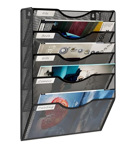 10 Tier Wall File Holder Wall Mounted Magazine Rack Hanging File Folders Organizer for Office , Black