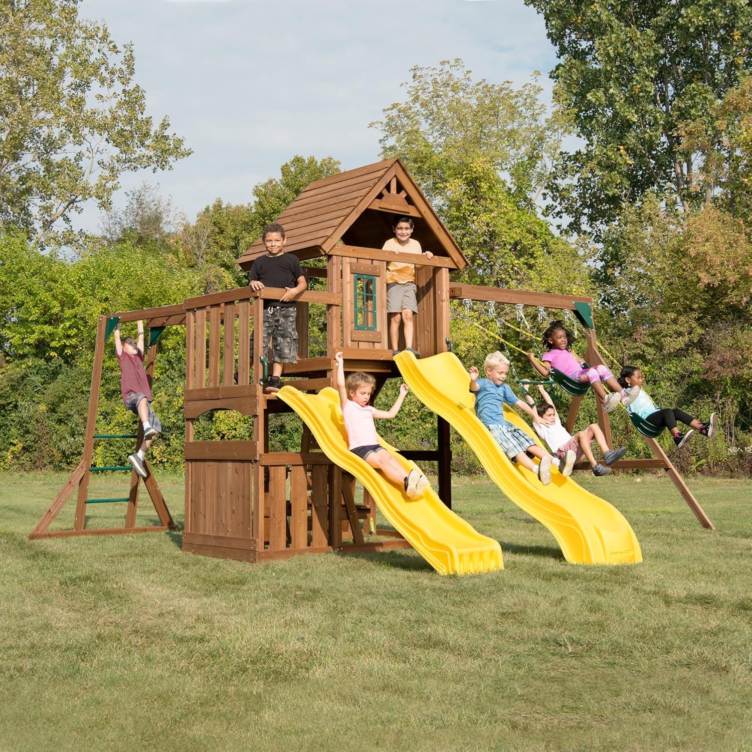 Swing-N-Slide WS 8356 Wooden Timberview Play Set with Two Slides, Monkey Bars, Wood Roof, Climbing Wall and Swings, Wood , Brown