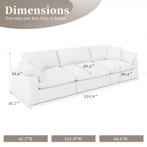 121.9 Inch Couch,Extra Deep Seat Sectional Sofa,Down Filled Cloud Sofas Comfy Upholstered Modular White Couches with Removable Cushion Covers for Living Room Apartment Office