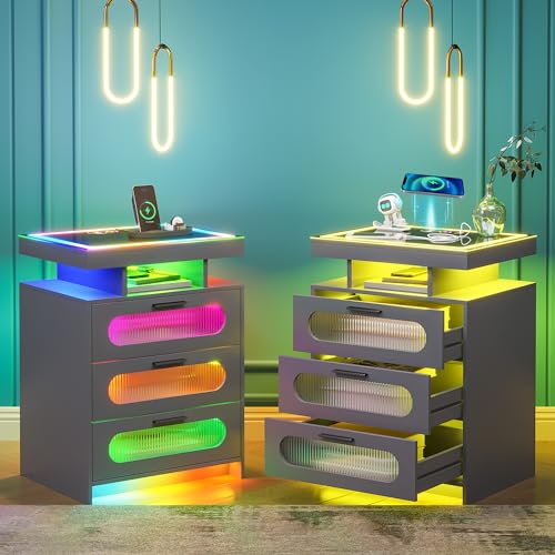 HNEBC RGB Night Stand Set 2 with Charging Station, LED Nightstand with 24 Colors Lights, Modern Bedside Table with Body Sensor, Glass Tabletop Side Table with 3 Drawers for Bedroom, Grey