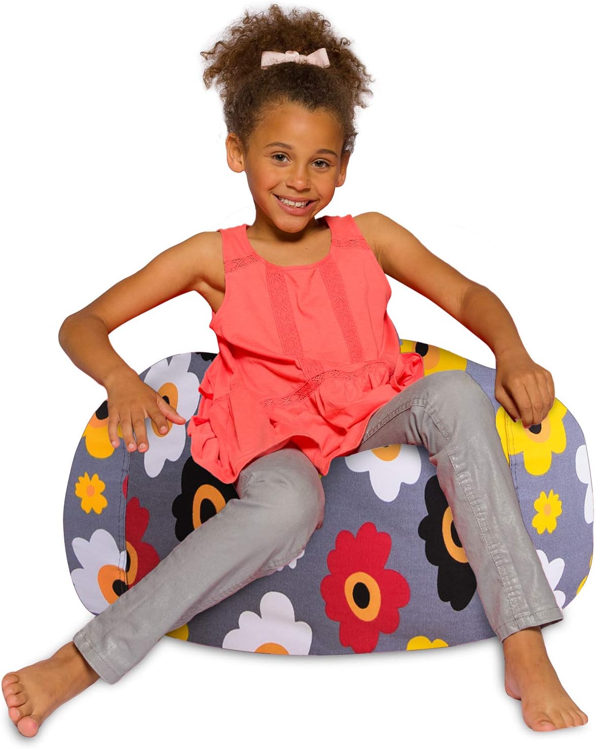 Posh Creations Bean Bag Chair for Kids, Teens, and Adults Includes Removable and Machine Washable Cover, 27in - Medium, Canvas Multi-Colored Flowers on Gray