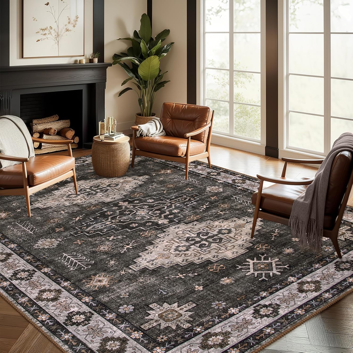 Lahome 6x9 Rug for Living Room, Machine Washable Soft Bedroom Area Rug, Ultra-Thin Non Slip Dining Room Rug, Throw Vintage Print Distressed Room Carpet for Bedroom Office (Brown, 6'x9')