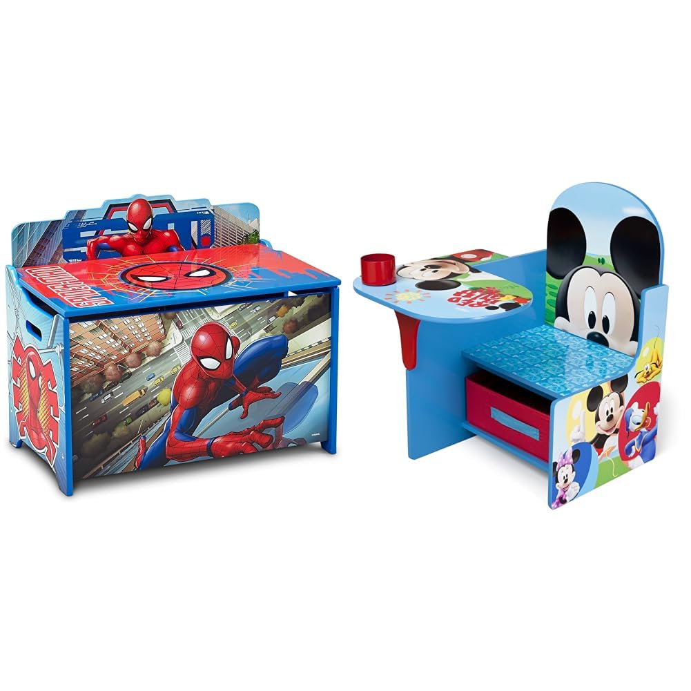 Delta Children Deluxe Toy Box, Spider-Man & Chair Desk With Storage Bin, Disney Mickey Mouse