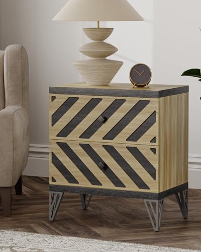 SICOTAS Large Night Stand Bedside Table - Modern Nightstand with 2 Herringbone Decor Drawers, Sturdy Metal Legs, Wide Wood Accent End Table for Bedroom
