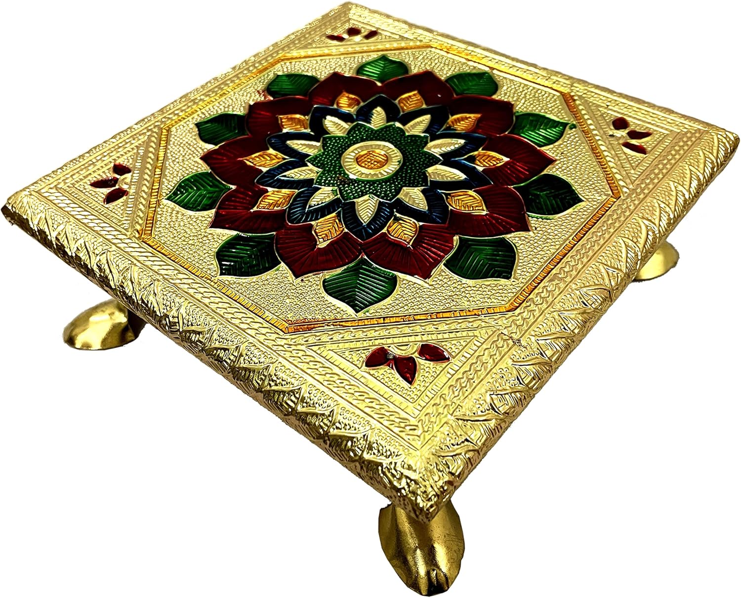 zig zag Wooden Minakari Pooja Chowki | Decorative Wooden Bajot | Flower Choki for Pooja at Home, Wedding, Festivals & Gifts, 5 Inch Golden