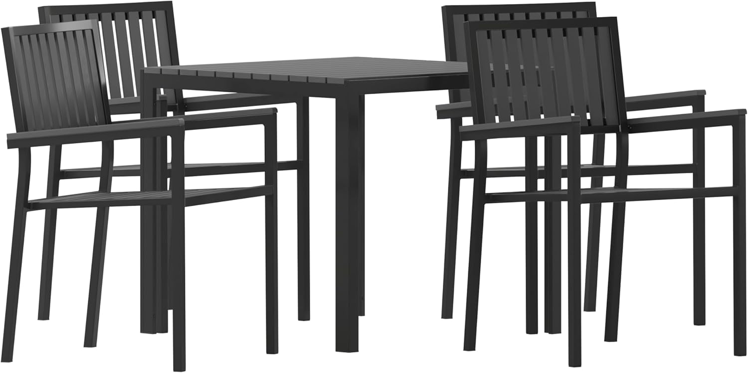 EMMA + OLIVER Hader Five Piece Patio Set - 4 Dining Chairs - Dining Table - Black Steel & Polyresin Construction - Weather & Rust Resistant - Indoor & Outdoor Use