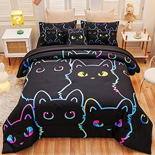Cute Cat Twin Comforter Set for Boys Girls, Soft Warm Lightweight 6 Piece Bed in A Bag Teen Kids Bedding Sets with Sheets