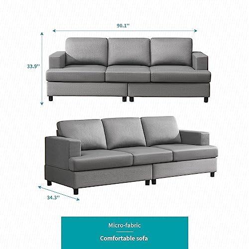 BALUS Upholstered 3 Seat Couch | 91 Inches Modern Comfy Sectional Sofa with Linen Fabric | 3-Seater Couch for Living Room Office Apartment Resting - Light Grey