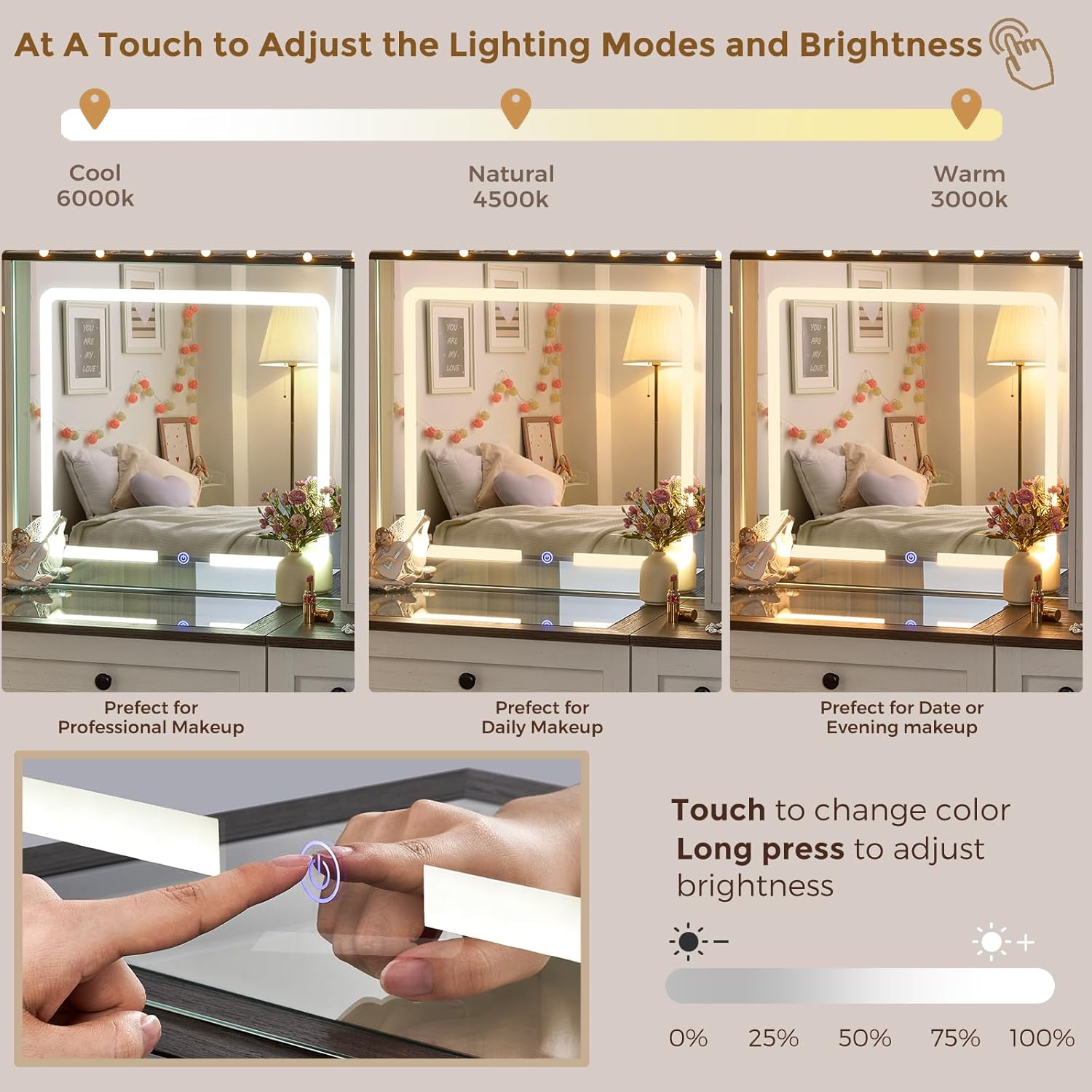 ANWBROAD Farmhouse Makeup Vanity Desk with Mirror and Lights Glass Tabletop Makeup Vanity Rustic Vanity Table with Stool for Bedroom 3 Colors Dimming Lights with 2 Drawers Antique White UBDT59W