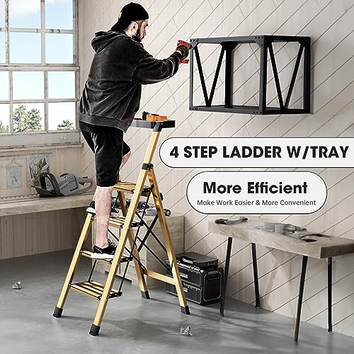 4 Step Ladder,Folding Step Stool W/Portable Handle for Home,Office,Kitchen, Garden Aluminum Lightweight Step Stool with Anti-Slip Sturdy Pedal Ladders, Gold with Tray, 330 lbs Capacity
