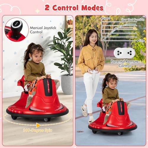 Costzon 12V Kids Ride On Bumper Car, Electric Bumper Car w/Dual Joysticks, Remote Control, 360° Spin, Slow Start Function, LED Lights & Fun Music, Adjustable Safety Belt, Soft Bumper (Blue)