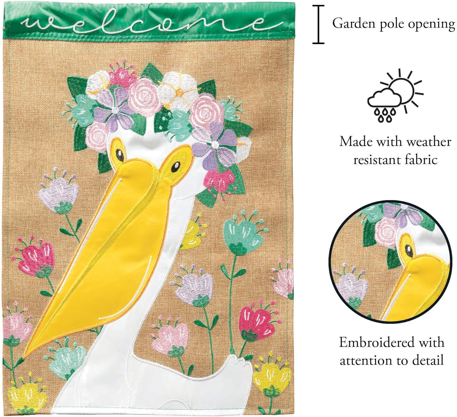 Magnolia Garden Welcome Pelican with Floral Crown 13 x 18 Inch Polyester Garden Flag