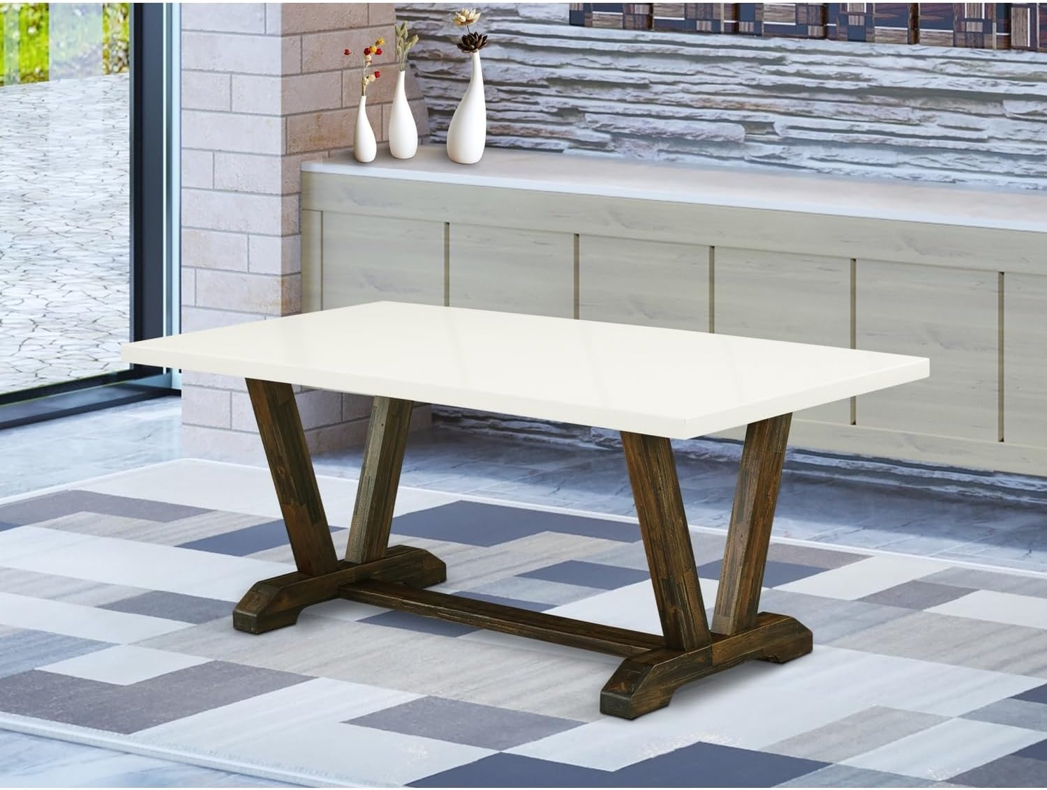 Contemporary Cool V-Style 40X72 in Dining Table with Distressed Jacobean Leg and Linen White Top Finish