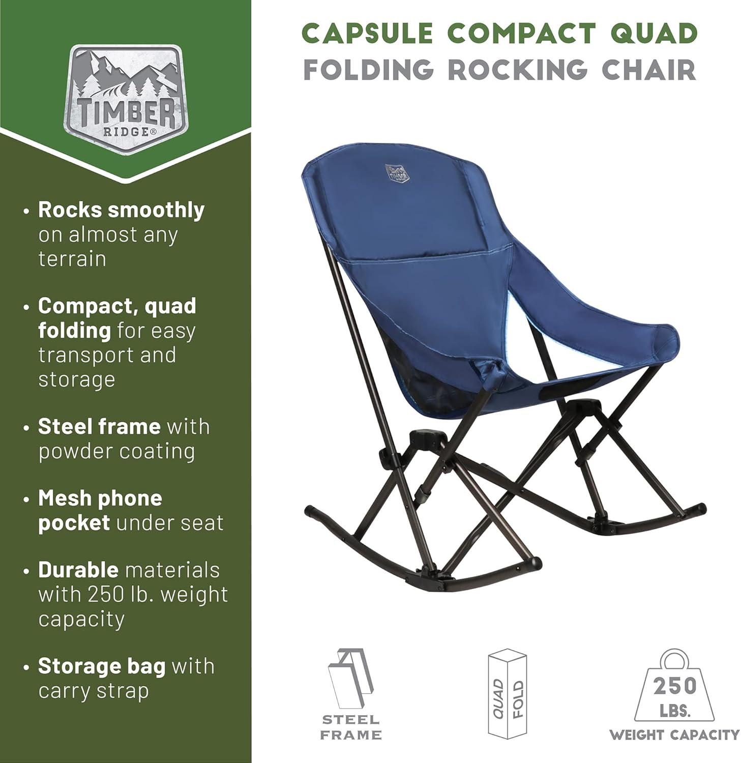 Timber Ridge Capsule Quad Folding Rocker Compact Rocking Camping Chair, 22.83”W x 20.47”D x 18.5”/33.07H, Blue