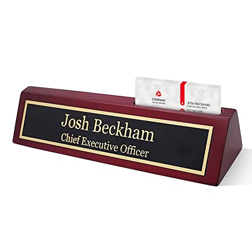 Engraving International Elegant Wood Name Plate for Desk | Custom Desk Name Plate Personalized Gift for Office, The Perfect Engraved Name Plaque - Rosewood Piano Finish (2x10 Inches With Card Holder)