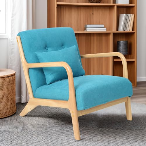 Accent Chair, Mid Century Modern Chair with Pillow, Comfy Fabric Armchair with Solid Wood Frame & Soft Cushion for Living Room, Bedroom (White)