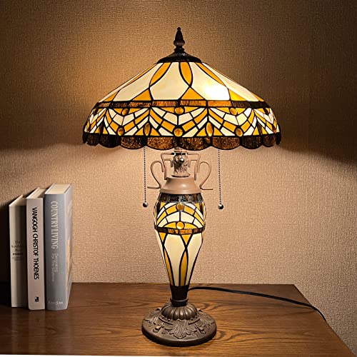 Capulina Tiffany Table Lamp Mother-Daughter Vase 3-Light, Amber Brown Mission Style Stained Glass 16X16X24 Inches Desk Reading Lamp for Living Room Bedroom Home Office