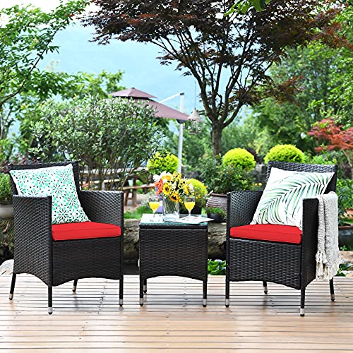 Tangkula Patio Furniture Set 3 Piece, Outdoor Wicker Rattan Conversation Set with Coffee Table, Chairs & Thick Cushions, Suitable for Patio Garden Lawn Backyard Pool (Off-White)