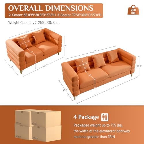 Living Room Sofa and Loveseat Set, Modern Overstuffed Boucle Sherpa Deep Seat Cloud Couch with 5 Pillows, Oversized Chesterfield Furniture Sets for Living Room Bedroom, Dark Green Teddy