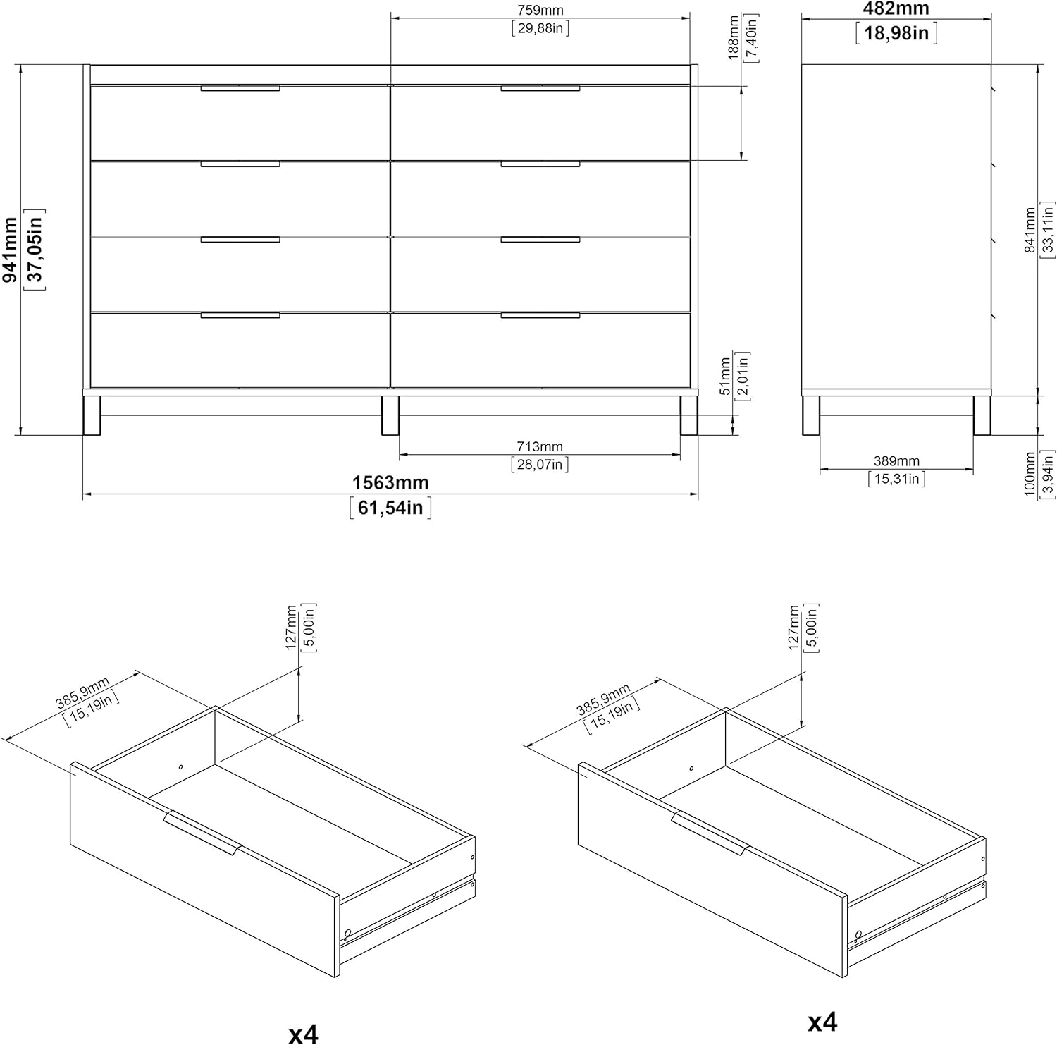 Tvilum Rainier 8 Drawer Double Dresser, Dark Chocolate