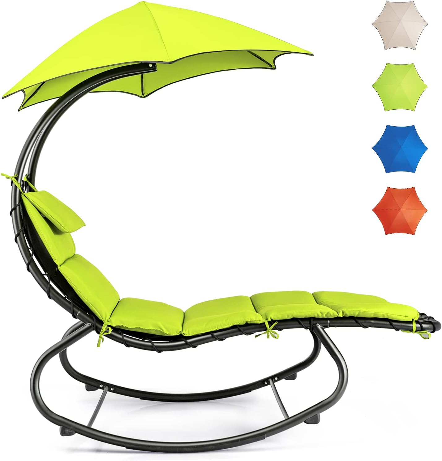Tangkula Hanging Chaise Lounge Chair, Rocking Hammock Swing Chair with Cushion, Built-in Pillow, Removable Canopy, Outdoor Hanging Curved Chaise Lounger for Poolside, Backyard, Garden (Green)