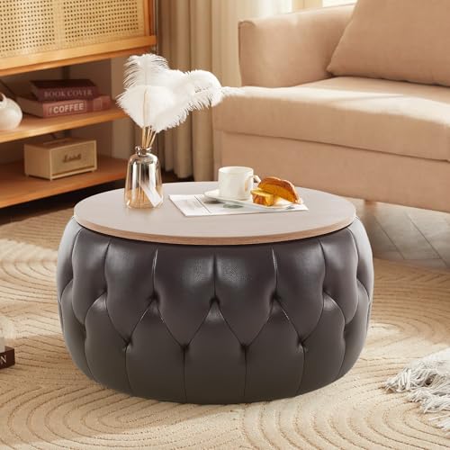 Round Storage Ottoman, Velvet Large Coffee Table with Wooden Lid, Tufted Ottoman Footstool Bench Circle for Living Room Bedroom (Velvet, Beige)