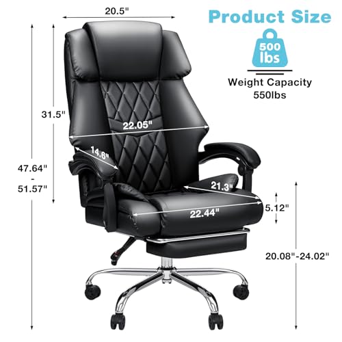 Big and Tall Office Chair 500lbs Reclining Office Chair with Footrest Executive Home Office Chair Soft Leather Computer Desk Chairs Brown