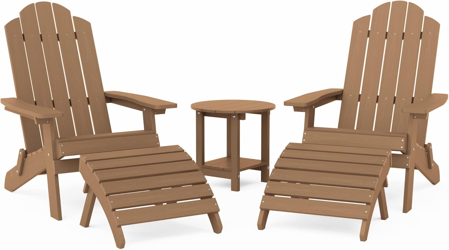 MXIMU Folding Adirondack Chair & Table & Ottoman 5-Piece Set, Weather Resistant Plastic Chairs Adorondic Set for Area Seating Lifetime Wide Use in Backyard, Garden, Lawn, Porch (Teak)