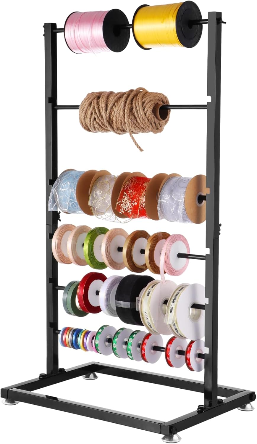 6-Tier Ribbon Holder, Large Capacity Ribbon Storage Rack, Height Adjustable Metal Spool Organizer, Countertop Ribbon Display Shelf Wrapping Paper Holder for Flower Store, Craft Room, Cake Shop
