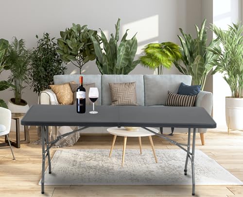 Dkelincs 8 Foot Folding Table Portable Picnic Table Folding Camping Table Heavy Duty for Outdoor Indoor Camping, Picnic and Party, Fold in Half with Handle and Sturdy Steel Frame, White