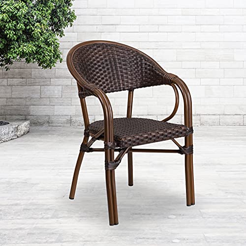 EMMA + OLIVER 3 Pack Cocoa Rattan Restaurant Patio Chair with Bamboo-Aluminum Frame