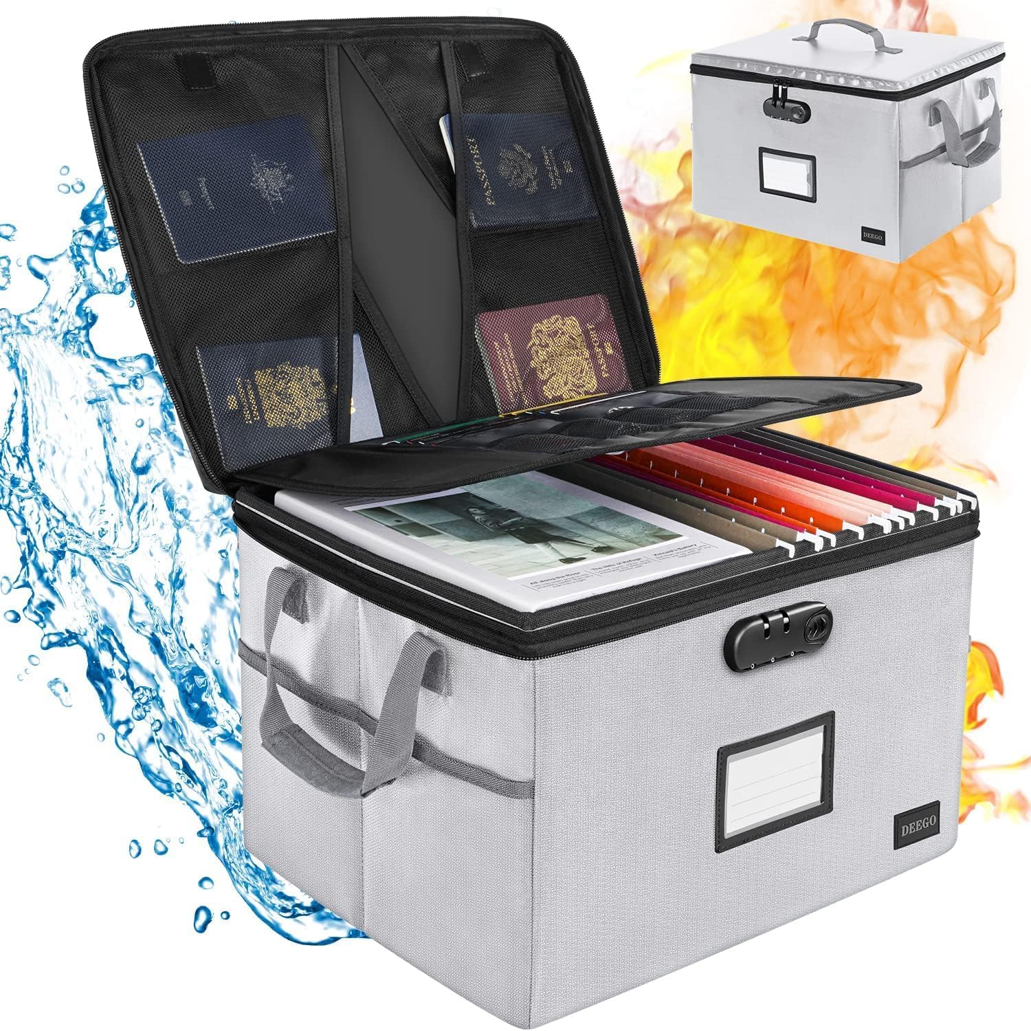 DEEGO Fireproof Document Box, Water-Resistant File Organizer Box with Lock, Portable File Box with Handle Document Organizer File Cabinets for Home Office for Legal Folder/collect books, Grey