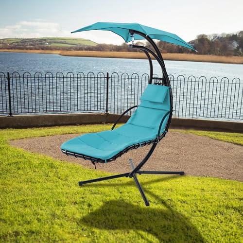 LUMISOL Hanging Chaise Lounger with Removable Canopy, Outdoor Swing Chair with Built-in Pillow, Hanging Curved Chaise Lounge Chair Swing for Patio, Porch, Poolside, Hammock Chair with Stand, Navy