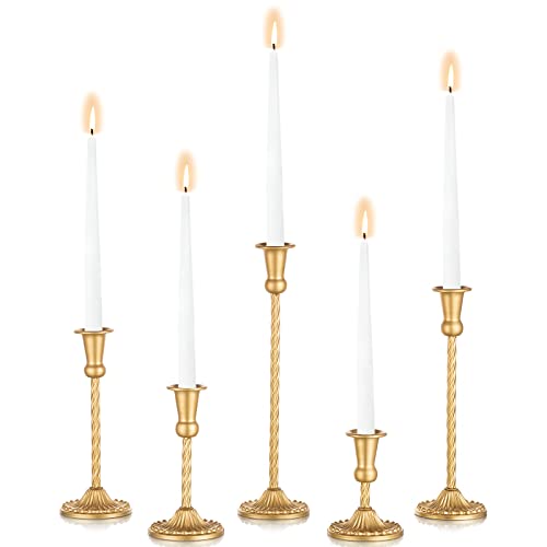 Sziqiqi Gold Candlestick Holders Set of 5 - Decorative Candle Holder for Candlesticks Taper Candles Wedding Birthday Candlelight Dinner Table Centerpiece