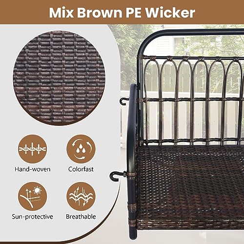 DORTALA 2-Person Porch Swing Outdoor, Patio Wicker Hanging Swing Bench with Cushions, Metal Frame, Ropes, 880 LBS Capacity, Rattan Swing Loveseat for Garden Poolside Backyard, Mix Brown+Off White