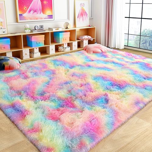 Super Fluffy Rug for Bedroom, 4x6 Shag Fuzzy Area Rug for Living Room Bedroom, Plush Soft Carpet for Girls Boys Kids, Non Slip Throw Rugs for Dorm, Modern Home Decor Aesthetic, Rainbow