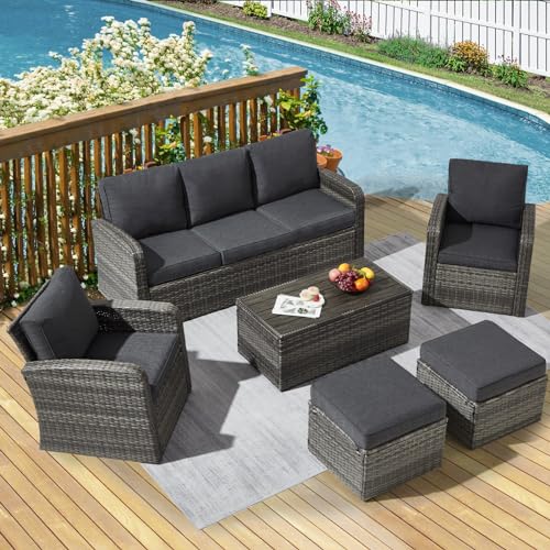 6 Pieces Patio Furniture Sets w/Cushions and Coffee Table, All Weather Wicker Outdoor Patio Conversation Sets w/Comfy Armrest,Patio Sectional Sofa Sets for Garden,Poolside,Backyard,Brown